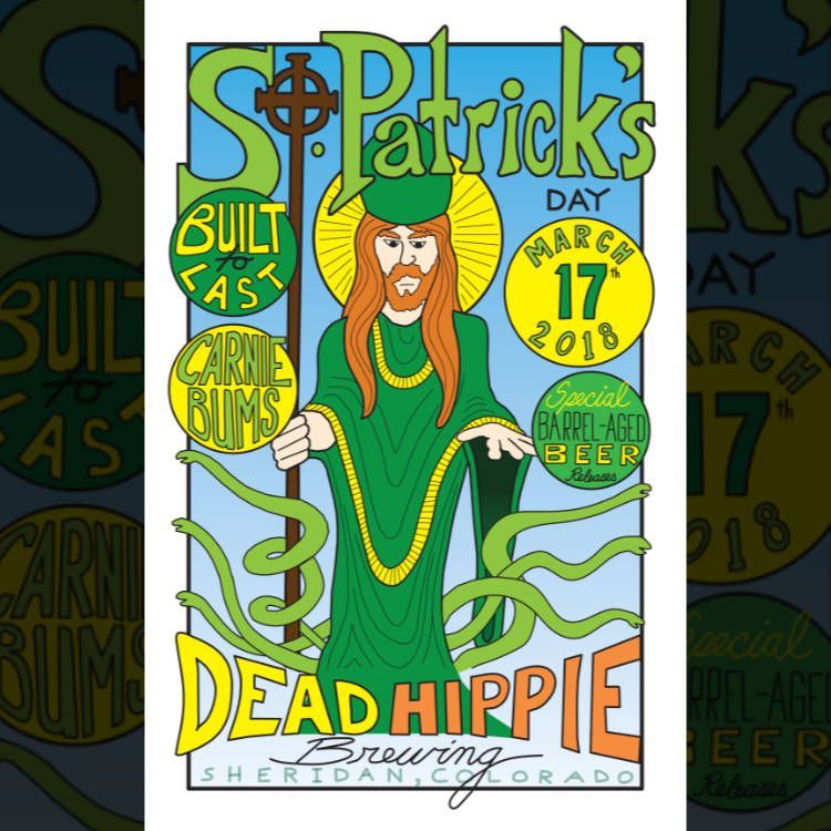 St. Patrick’s Day poster with a green-clad figure, shamrock staff, and “Dead Hippie” text