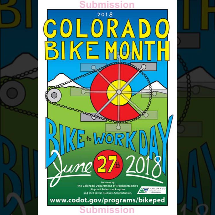 Colorado Bike Month poster for Bike to Work Day, June 27, 2018, with bicycle wheel and mountain scenery