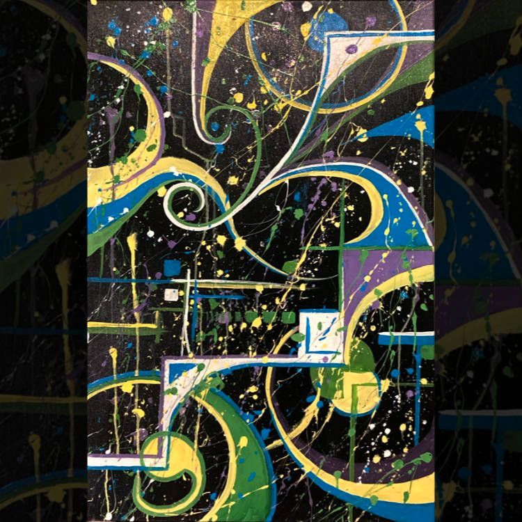 Abstract colorful geometric artwork with black background, swirling blue, yellow, green, and purple shapes.