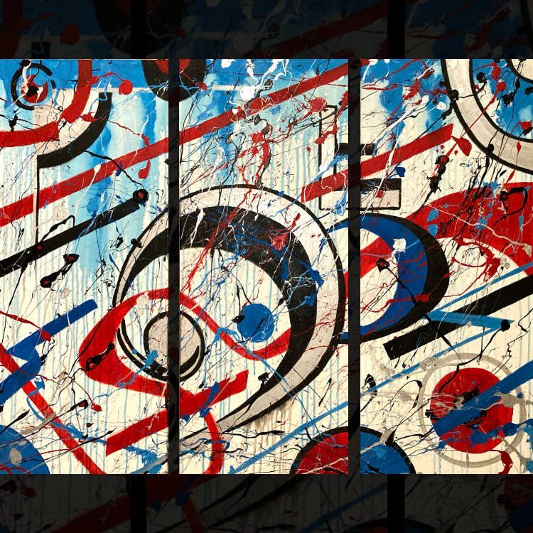 Abstract graffiti mural with red, blue, black, and cream paint splashes over wooden panels