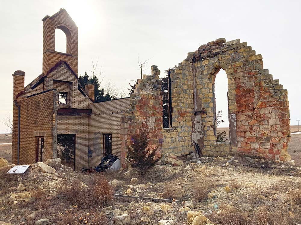 church ruins, old church, brick, Emmeram, Kansas