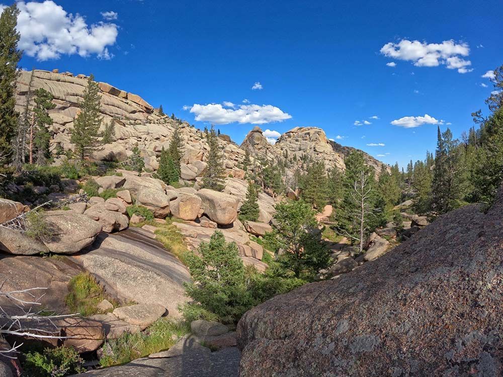 Rocky desert canyon with tan cliffs, green trees, and a bright blue sky, Vedauwoo, Wyoming