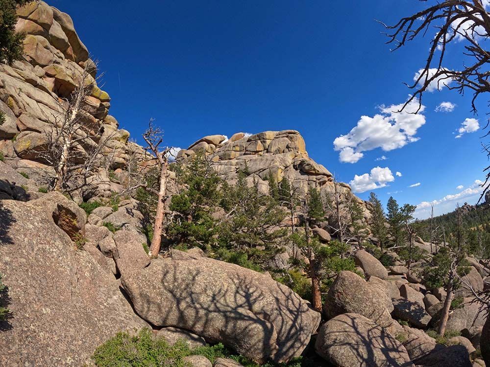 Rocky desert canyon with tan cliffs, boulders, sparse trees, and a bright blue sky with clouds, Vedauwoo, Wyoming