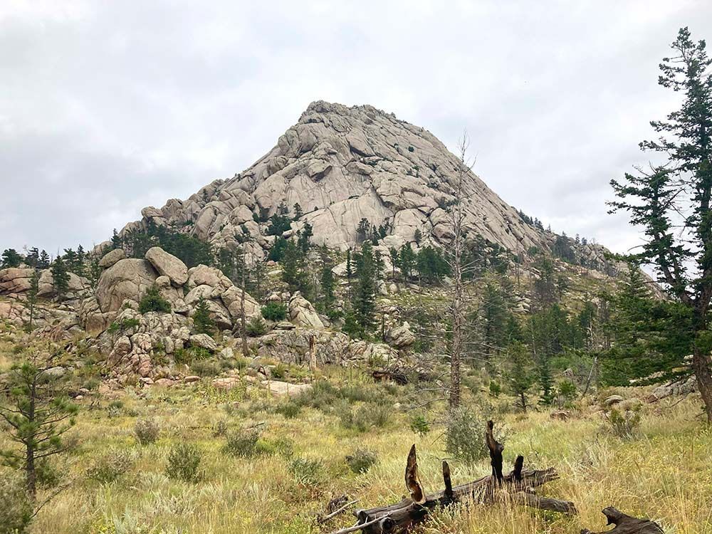 Rocky mountain peak with scattered pines and dry grass under a cloudy sky, Grey Rock, Poudre Canyon, Colorado