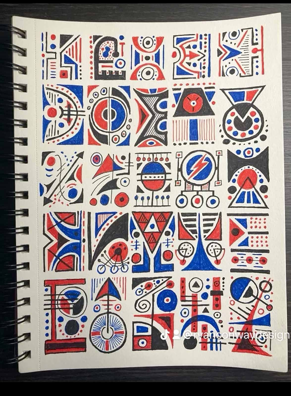 Abstract red, blue, and black geometric doodles arranged in a grid on white paper.