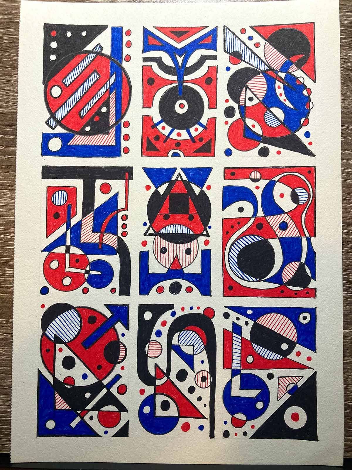 Abstract red, blue, and black geometric artwork in a 3x3 grid on white background.