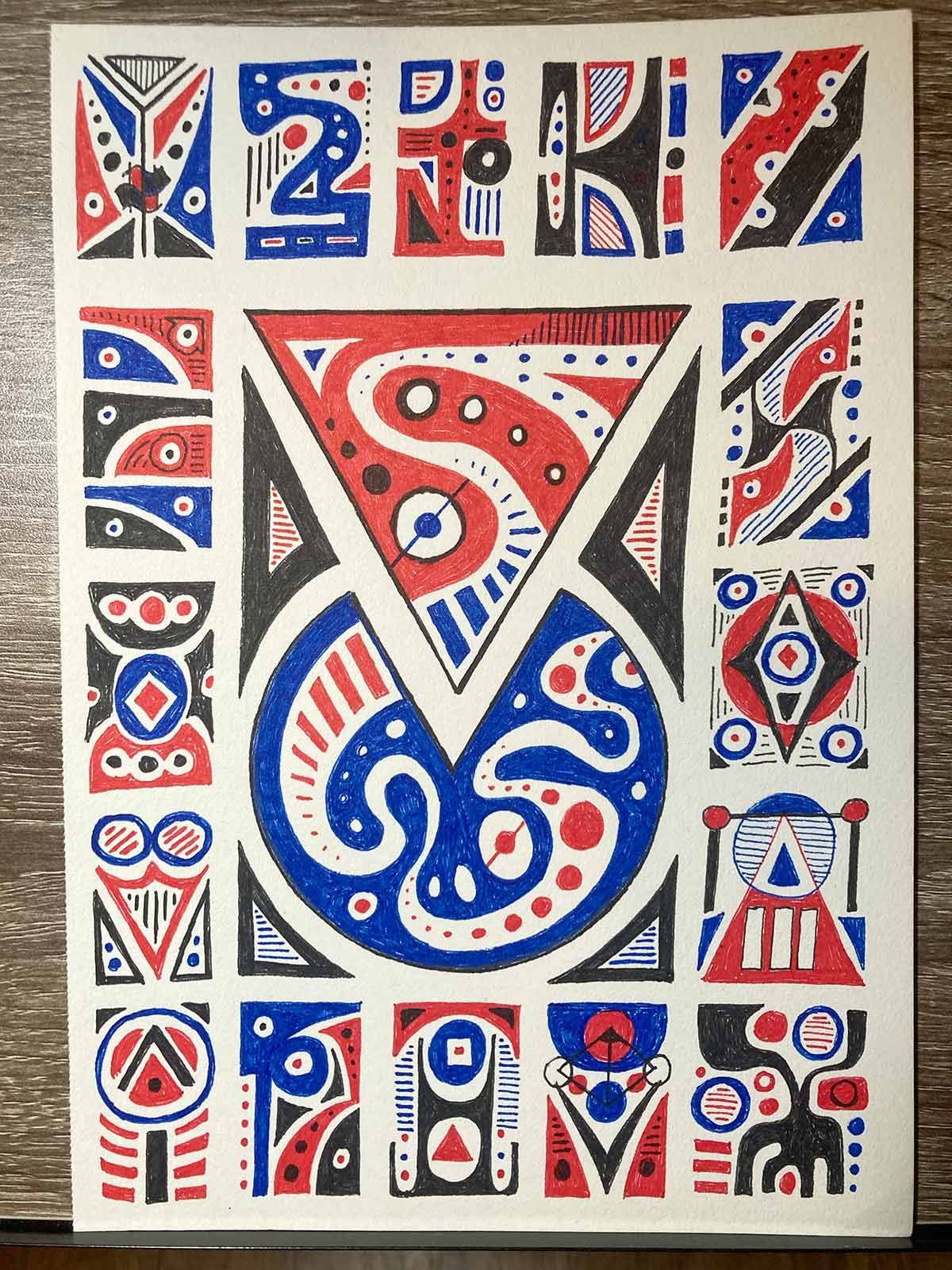 Red, blue, and black abstract folk-art design with patterned shapes and a central swirl motif