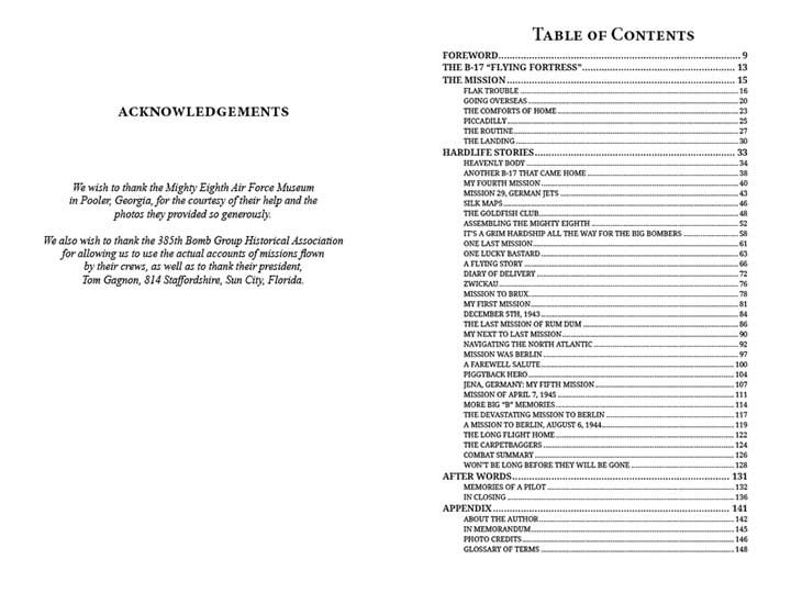 Two-page document spread showing an acknowledgments page and a table of contents.