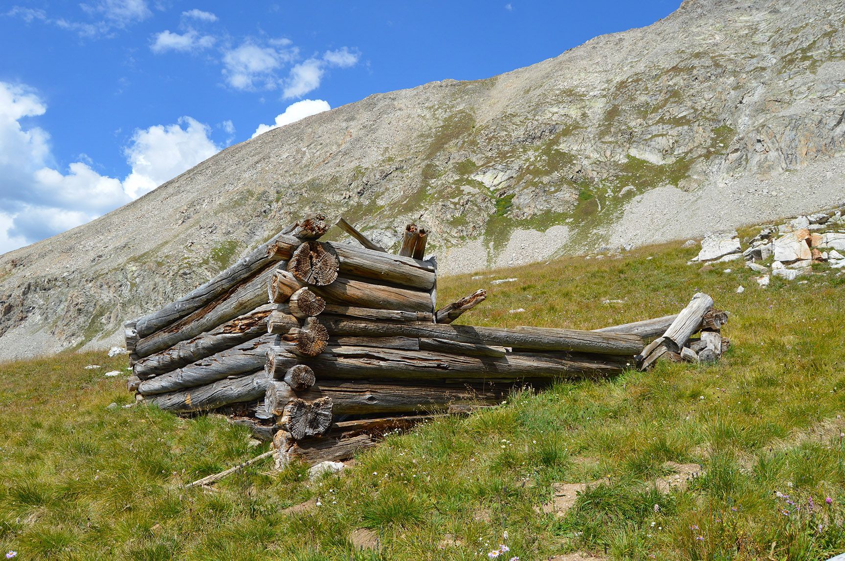 Stacked logs on a grassy mountainside under a blue sky with rocky slopes in the background, Mayflower Gulch, Colorado