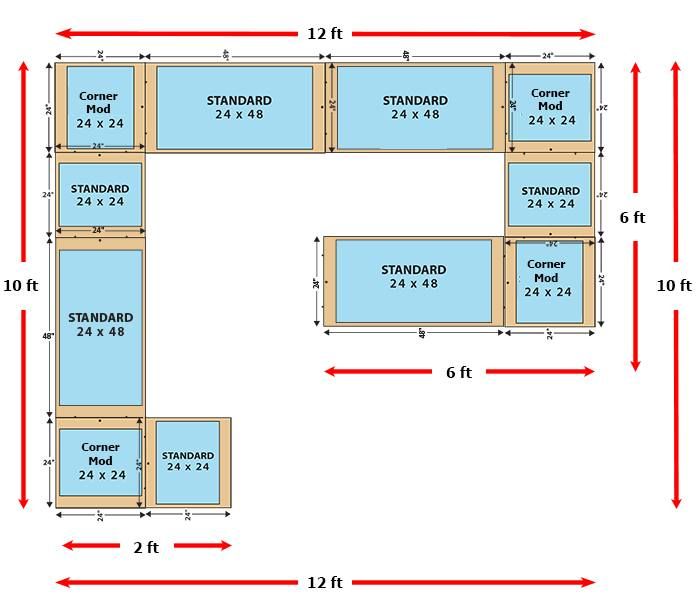 Blue floor plan with labeled rooms and red dimension arrows, showing a U-shaped layout.