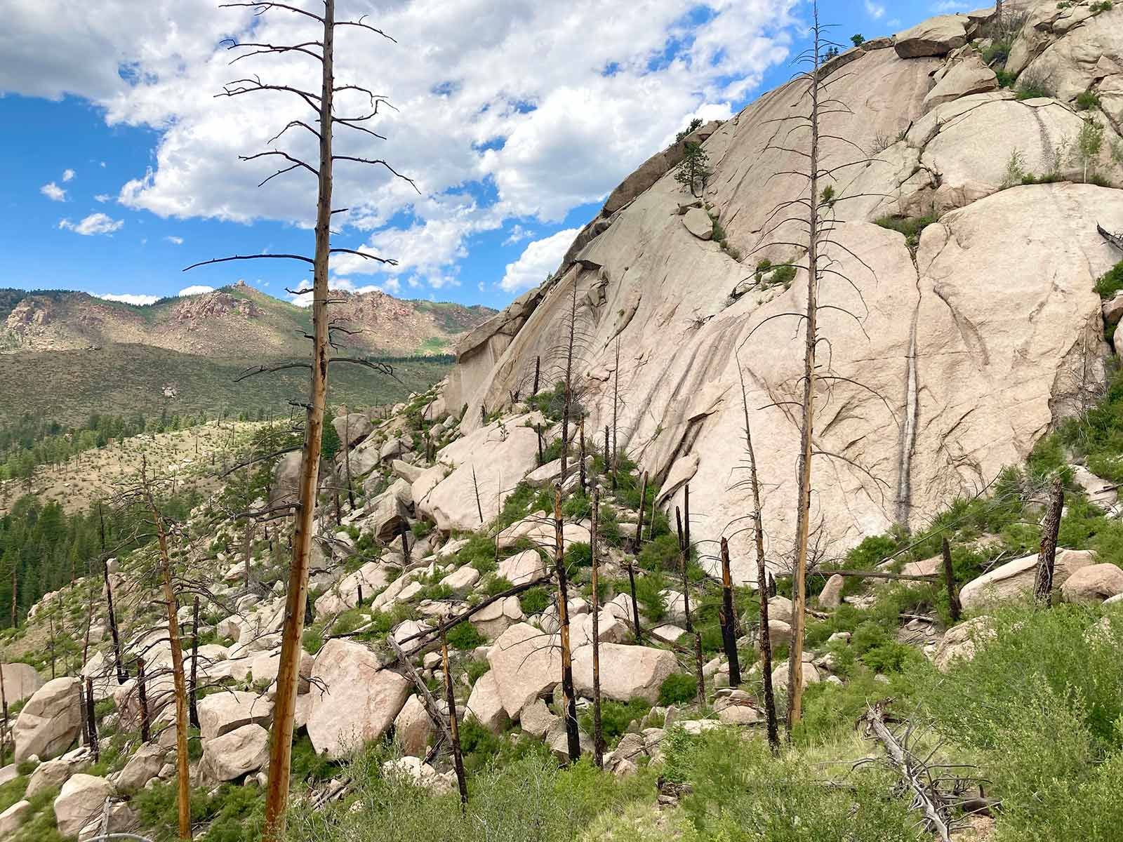 Goose Creek, Colorado, rock formations, outcroppings, burned trees