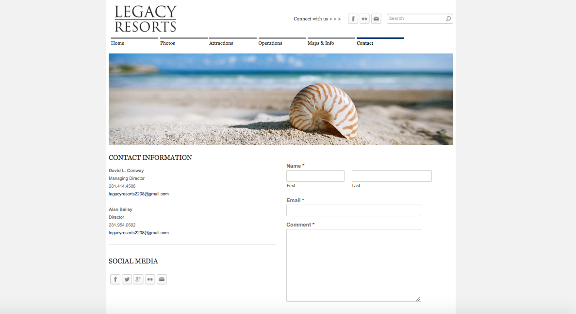 Website contact page with seashell beach banner, contact form, and navigation menu