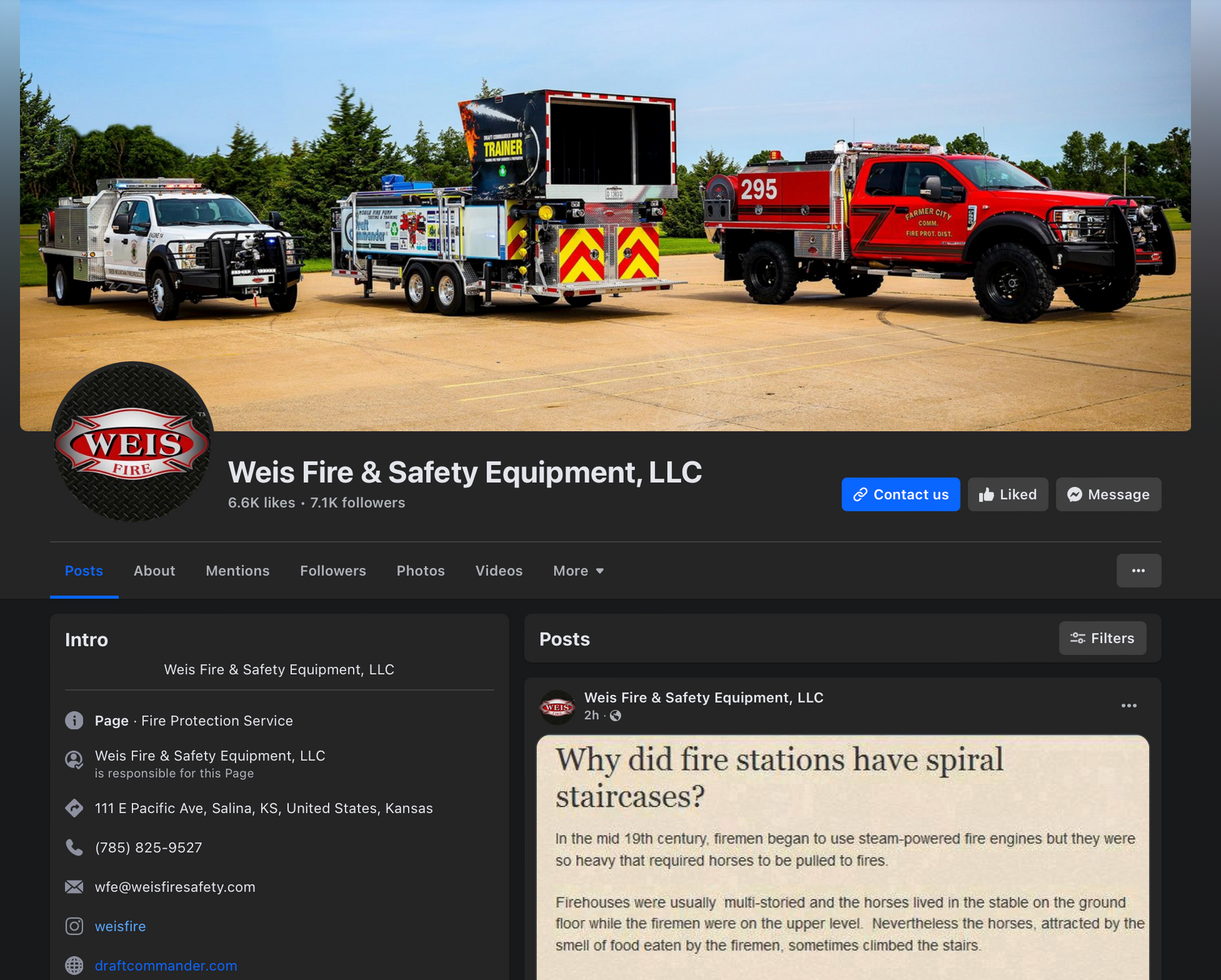 Facebook page for White Fire & Safety Equipment, LLC with emergency response trucks banner