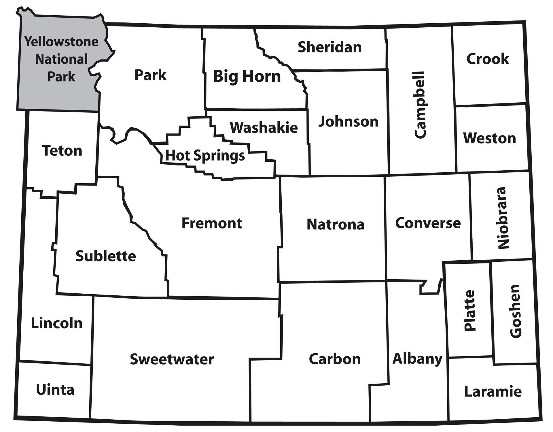 Black-and-white map of Wyoming counties with labeled county boundaries and Yellowstone National Park.