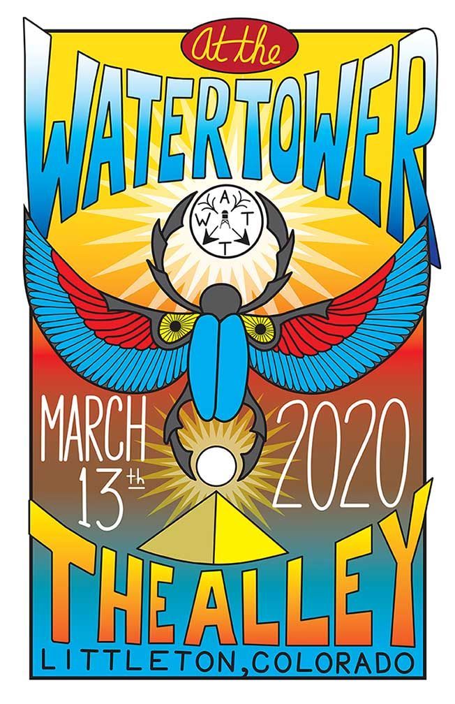 WATERTOWER concert poster with colorful wings, March 13, 2020, The Alley, Littleton, Colorado