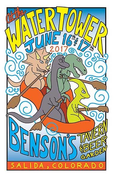 WATERTOWER June 16, 2017 poster with a man and green dinosaur on a bench, Benson’s Tavern Beer Garden, Salida, Colorado