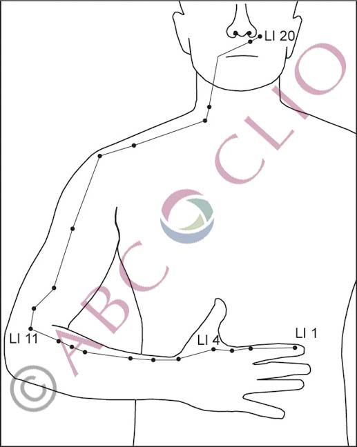 Diagram of upper body with marked acupuncture points on the neck, shoulder, arm, and chest