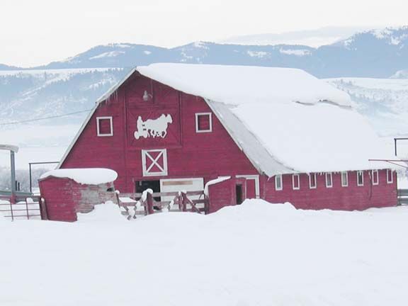 Red barn in deep snow with a white roof and cow sign, set against snowy hills.