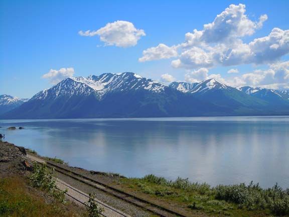 Snowy mountains across a calm lake under a blue sky with scattered clouds
