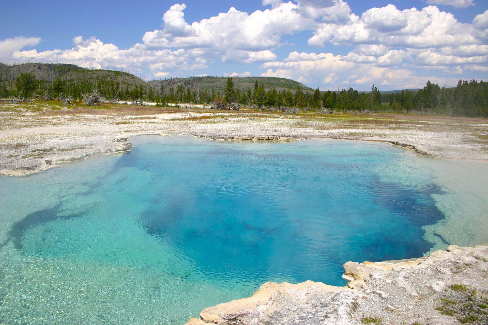 Turquoise hot spring pool amid rocky ground and pine forest under a cloudy sky, Biscuit Basin, Yellowstone National Park, Wyoming