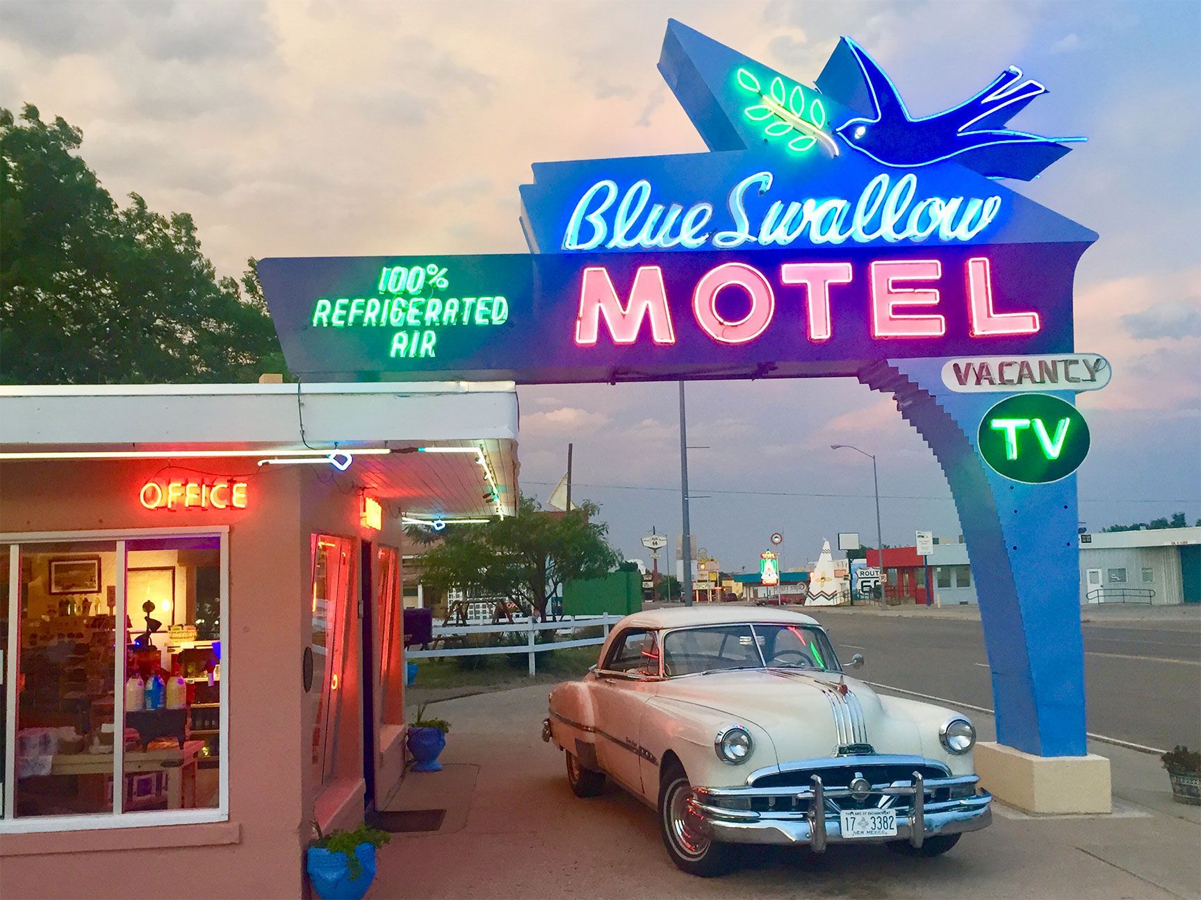 Blue Swallow Motel, neon sign, classic car, motel
