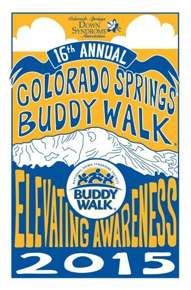 Poster for the 16th Annual Colorado Springs Buddy Walk, Elevating Awareness, 2015, with mountains and blue/yellow text