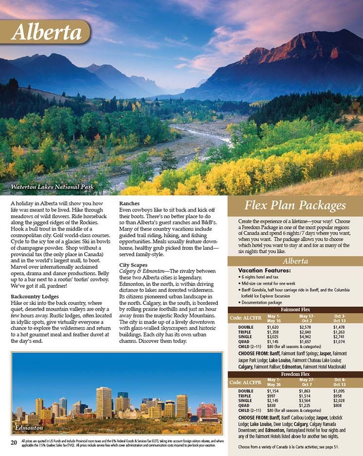 Alberta travel brochure with mountain landscape, city skyline, and package details.