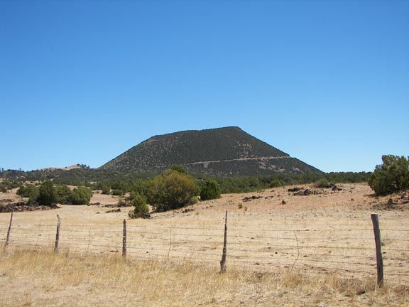 Dry field with fence posts and bushes, with a large dark hill under a clear blue sky.