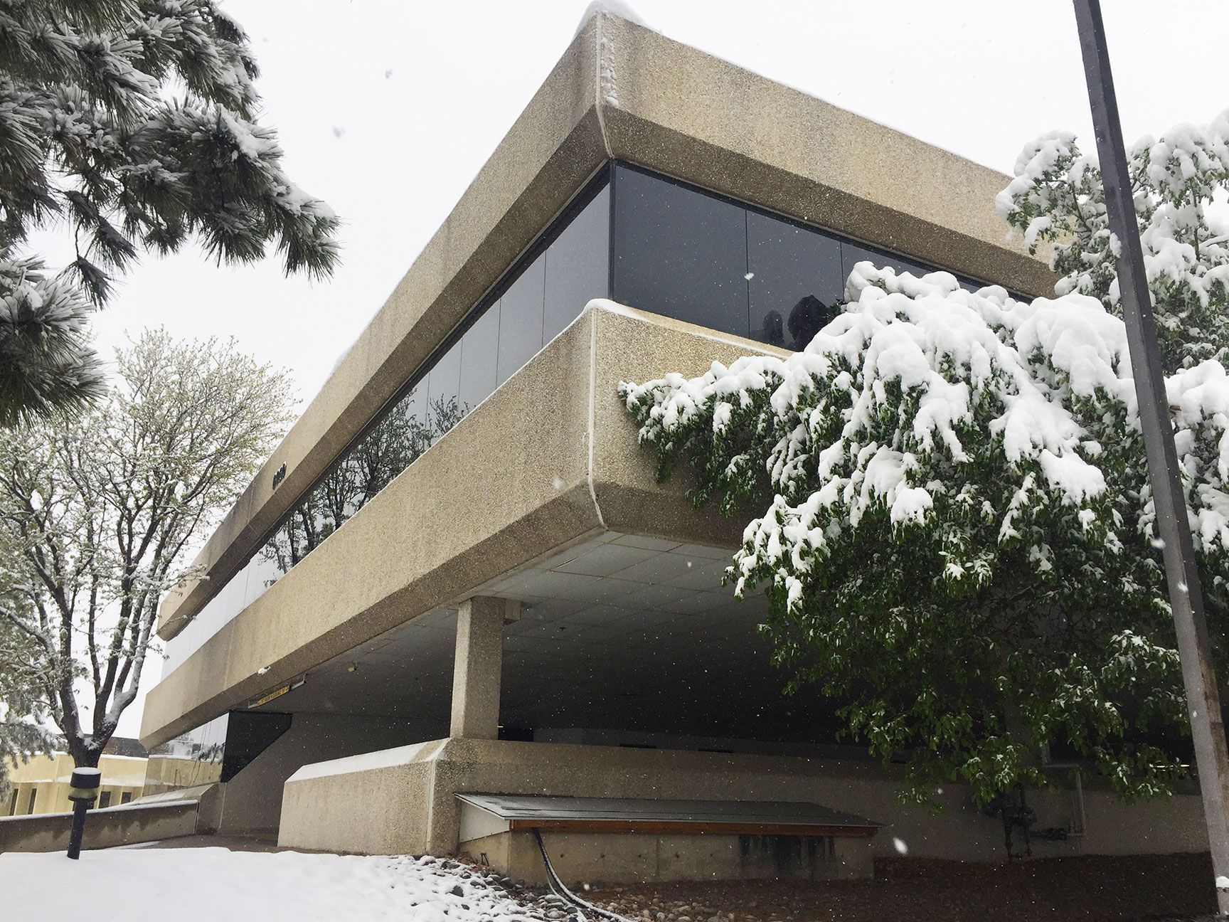 Modern building with angular concrete facade and snow-covered trees in front