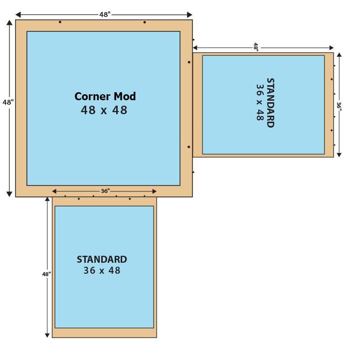 Dimensioned diagram of three tan-framed blue window units: corner mod 48x48 and standard 36x48 and 48x48.