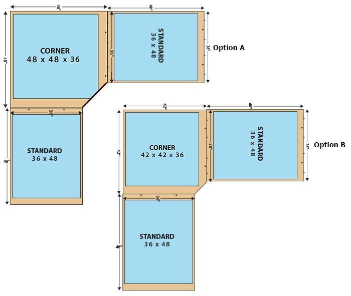 Floor plan diagram showing blue corner, standard, and option room layouts with dimensions.