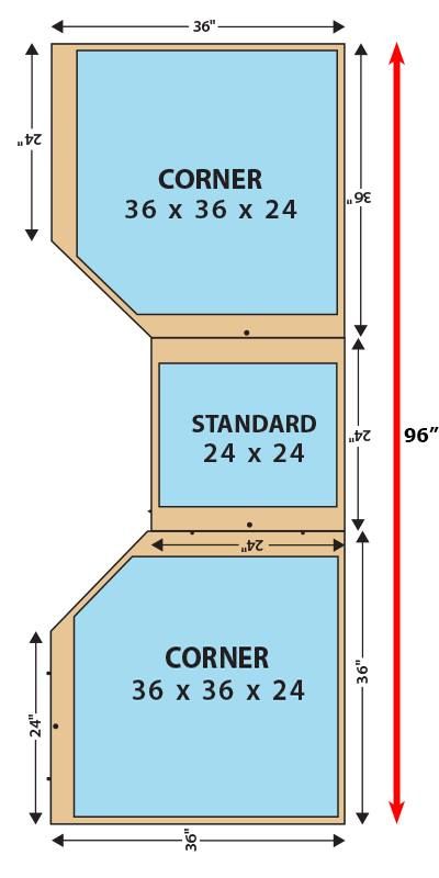 Layout diagram of corner and standard cabinet sizes in blue and tan