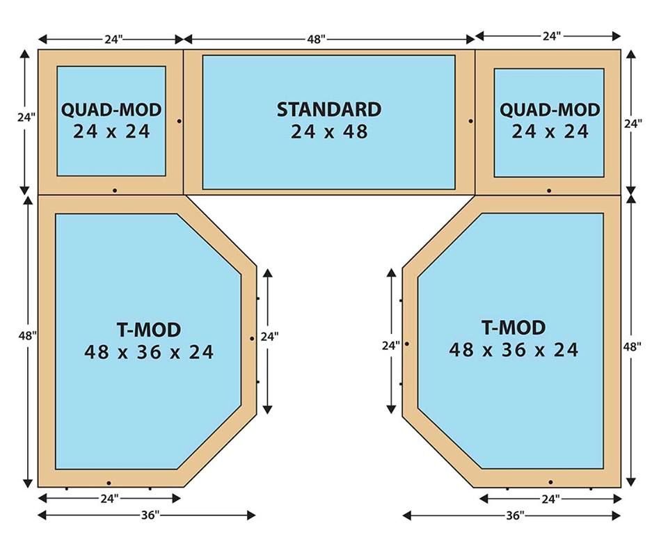 Floor tile layout diagram with quad-mod, standard, and T-mod tiles in blue and tan.