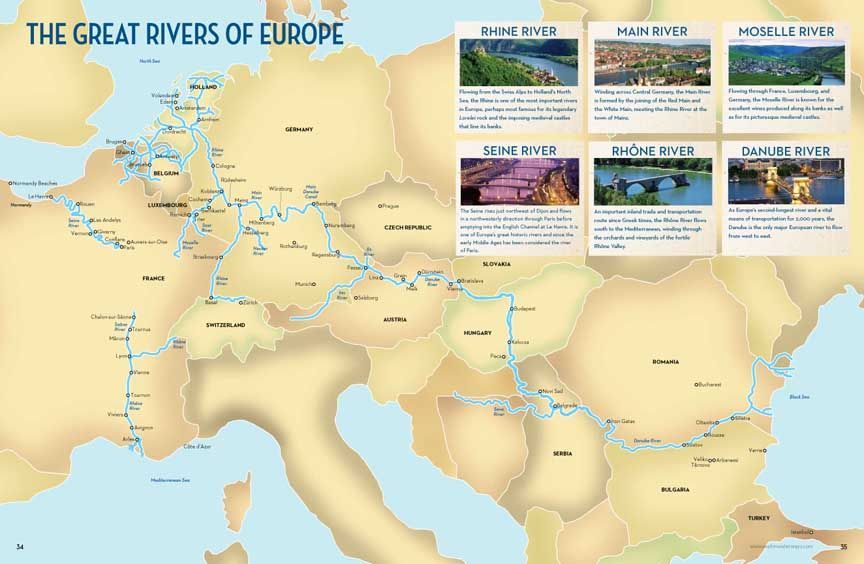Map of Europe titled “The Great Rivers of Europe” with labeled rivers and inset photos of river scenes