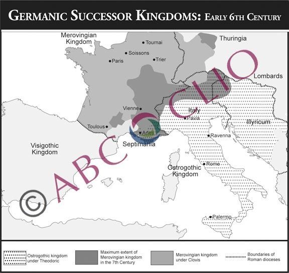 Map of Germanic successor kingdoms in early 6th century Europe with labeled regions and shading