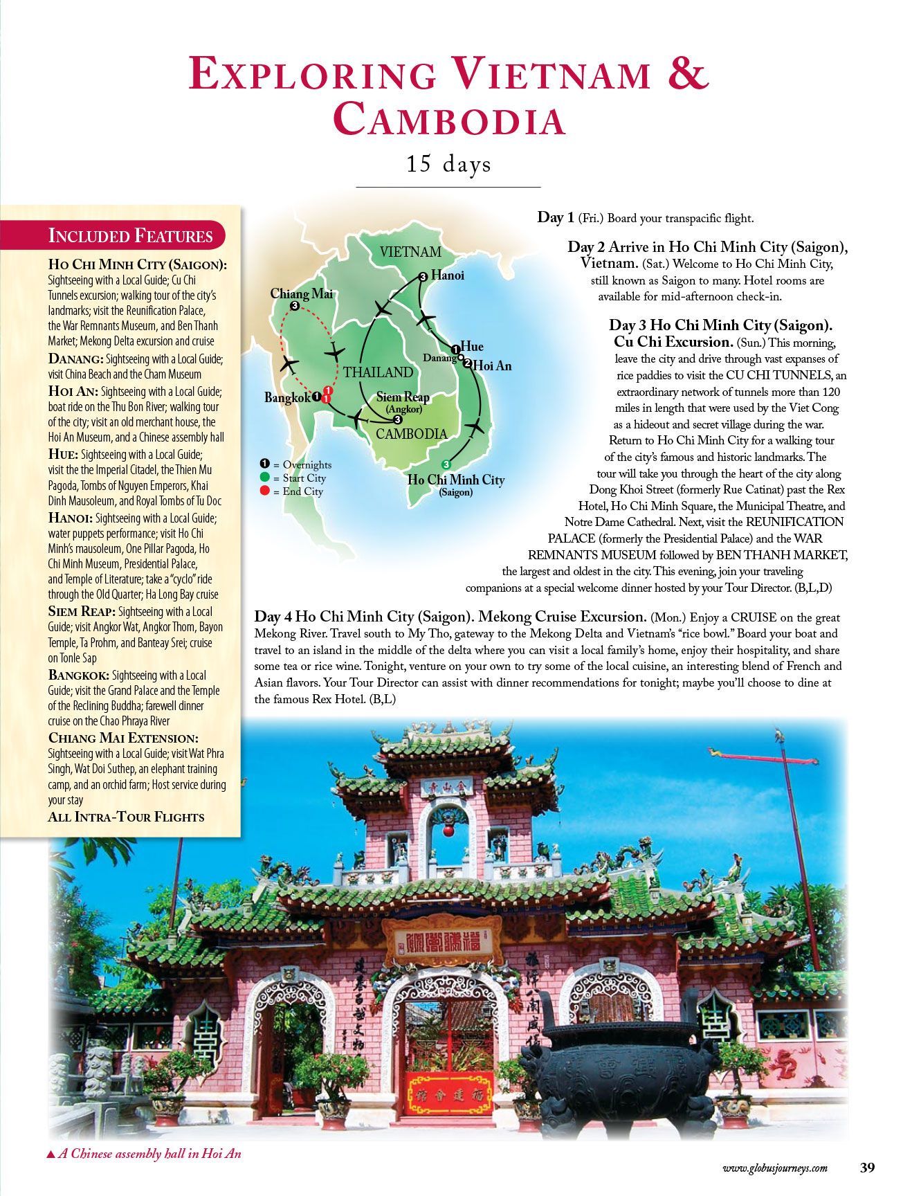 Travel brochure page for Vietnam and Cambodia with map, text columns, and a colorful temple entrance photo.