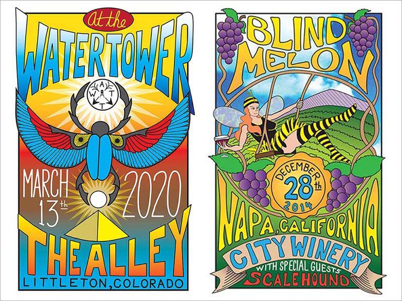 Colorful concert posters for At the Watertower and Blind Melon, with bold text and illustrated graphics. Posters illustrated by Ryan Conway