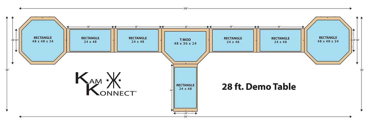 Blue hexagonal floor-plan labeled “28.8 x 16.0 Demo Table” with a T-shaped center extension