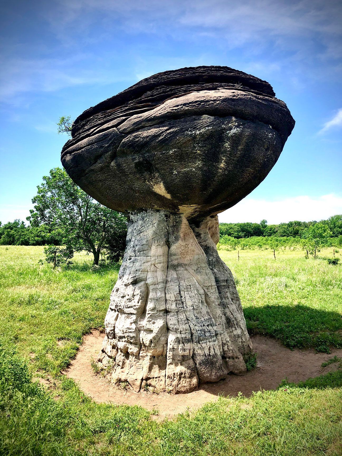Mushroom-shaped rock formation on a grassy plain under a blue sky