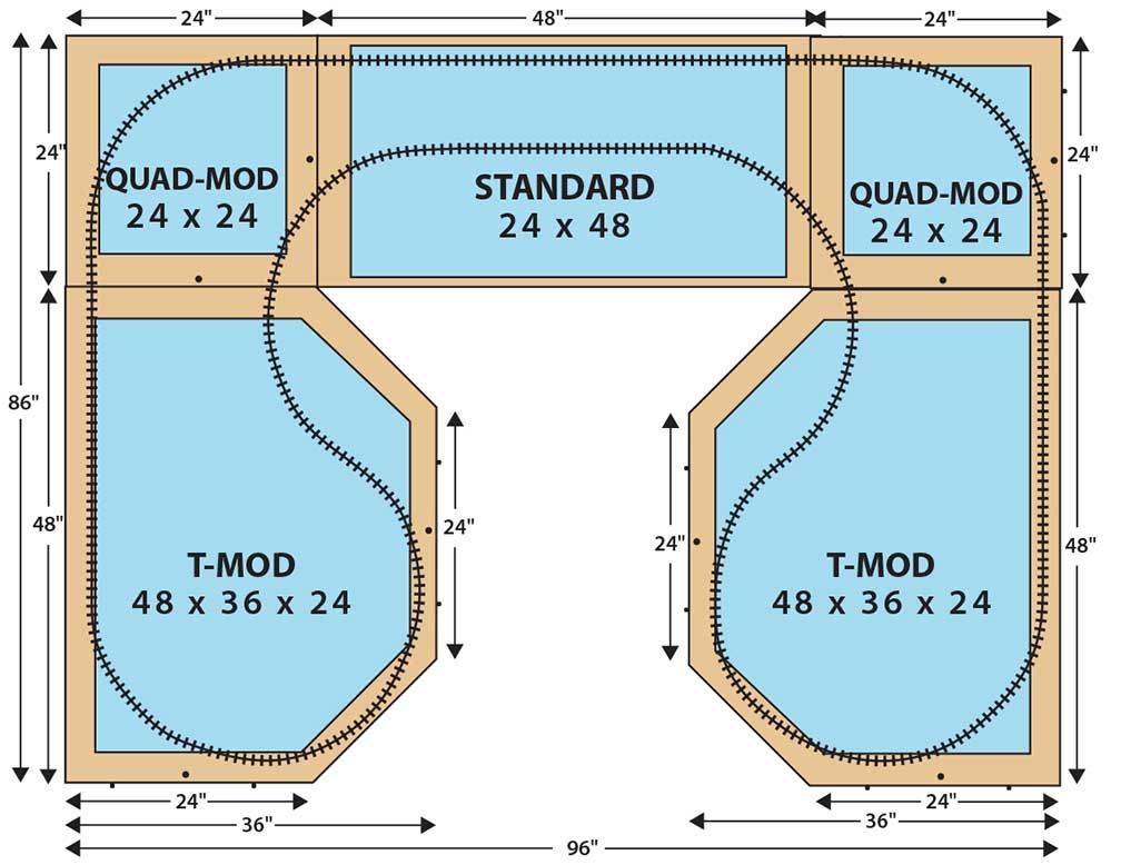 Diagram of a faucet mat layout with labeled standard, quad-mod, and T-mod sections and dimensions.