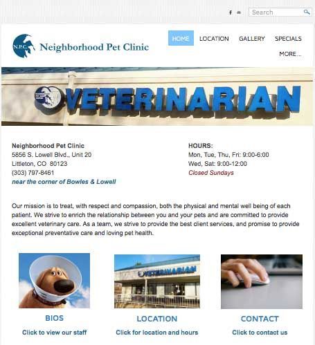 Neighborhood Pet Clinic website homepage with large “Veterinarian” banner and location, hours, and contact sections