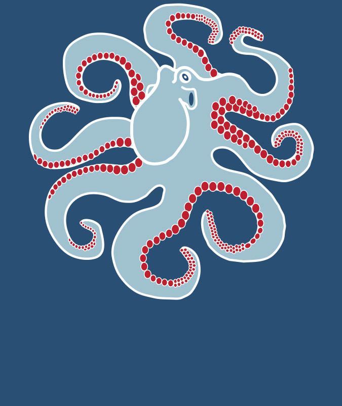 Stylized blue octopus with red-dotted tentacles on a dark blue background
