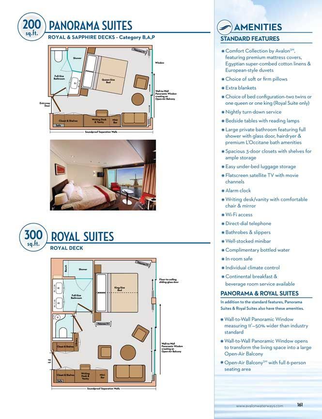Brochure page showing two suite floor plans, room photos, and an amenities list.