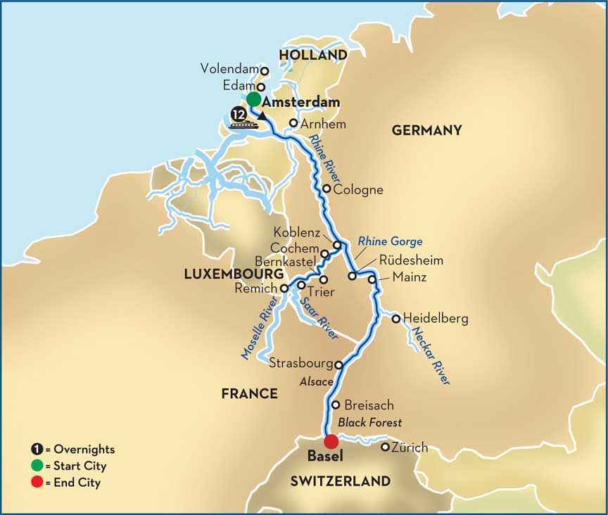 Map of a blue route through the Netherlands to Switzerland, marking Amsterdam, Ghent, and Basel.