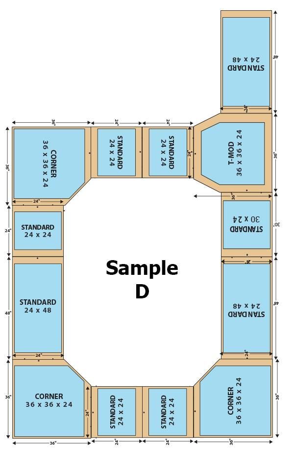 Floor plan diagram labeled “Sample D” with blue rooms around a large central white space.