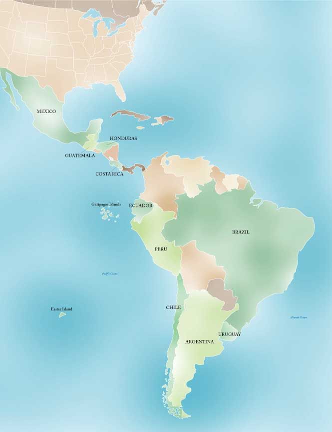 Pastel map of North and South America with countries labeled and oceans in blue-green.