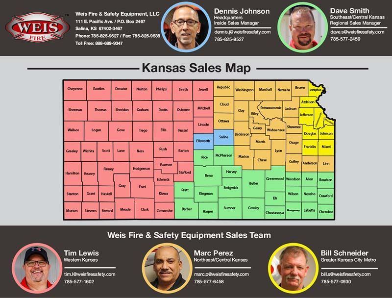 Kansas Sales Map with color-coded regions and team member photos around it