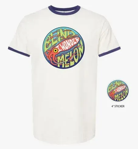 White T-shirt with purple trim and colorful circular “Planet of Wonder” graphic, plus matching sticker