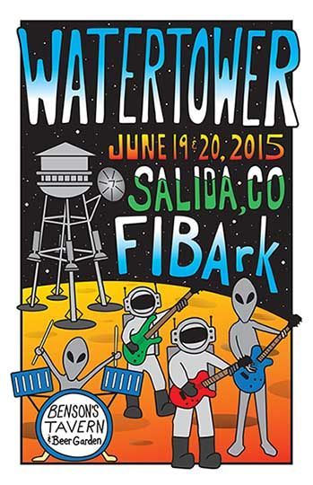 Colorful concert poster for Water Tower, Salida, CO, June 14 2015, featuring stylized musicians and instruments