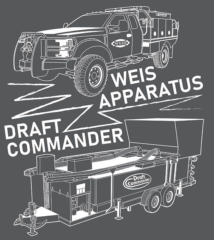 White line-art of two tractor-trailer units labeled “WEIS APPARATUS” and “DRAFT COMMANDER” on a gray background
